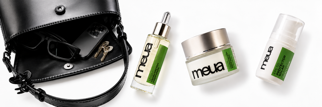 Rutina facial MEUA para piel mixta: sérum, crema y protector solar SPF 50
